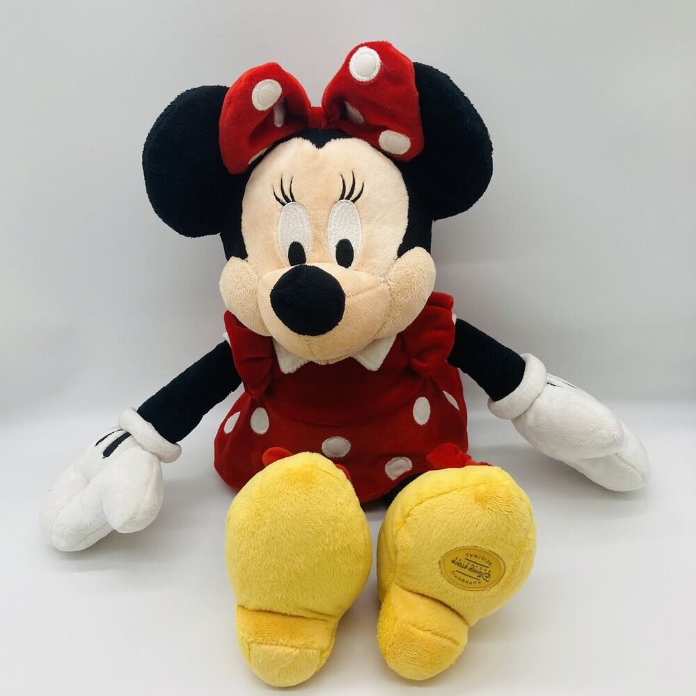 Disney Store Minnie Mouse Plush 18” Red White Polka Dot Dress Bow Yellow Shoes